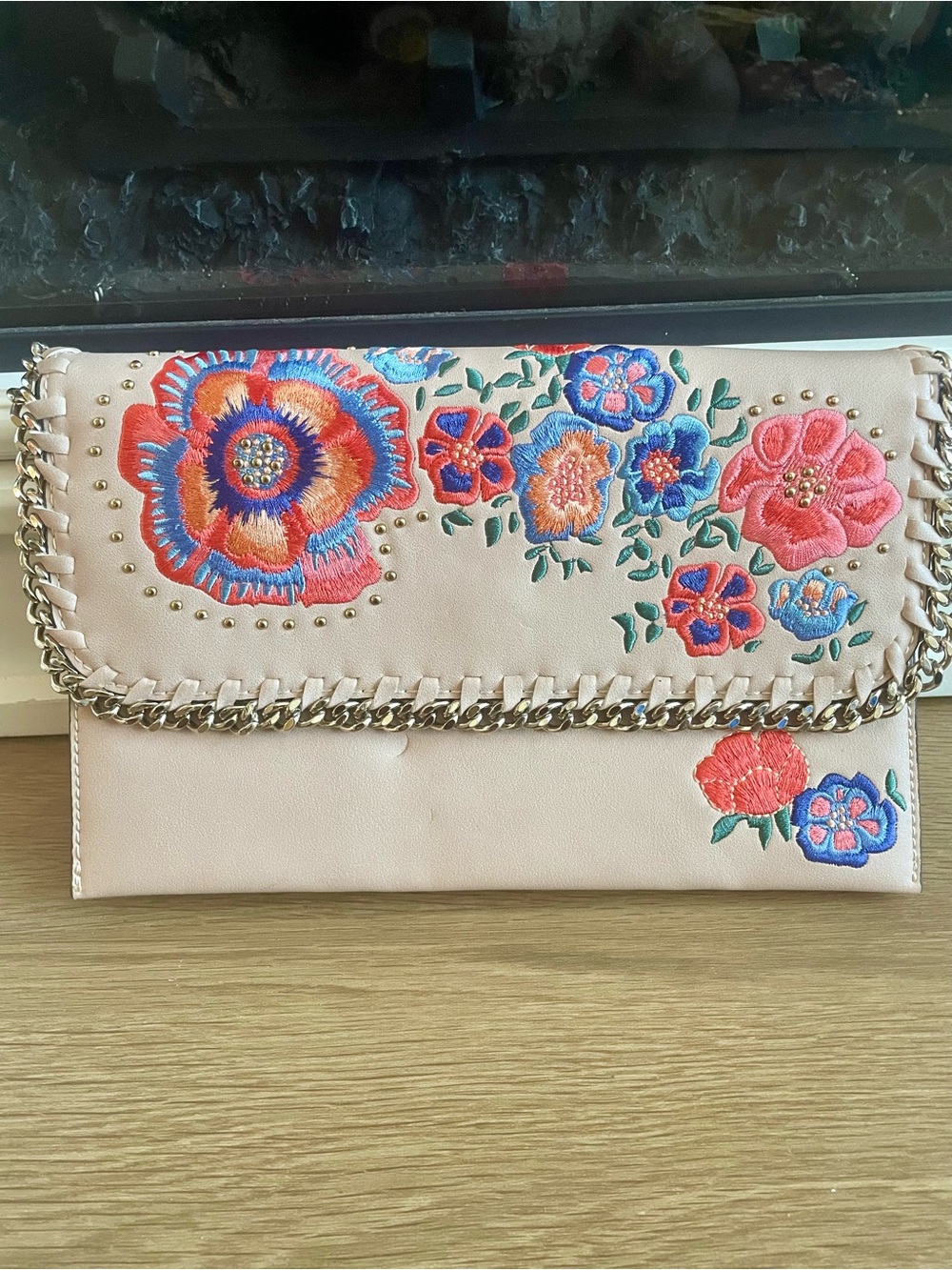 TopShop Embroidered Floral Pink Chain Clutch